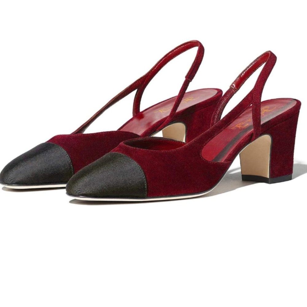 FOWT Chunky Heel Cap Toe Slingback Tow Toned Pumps
